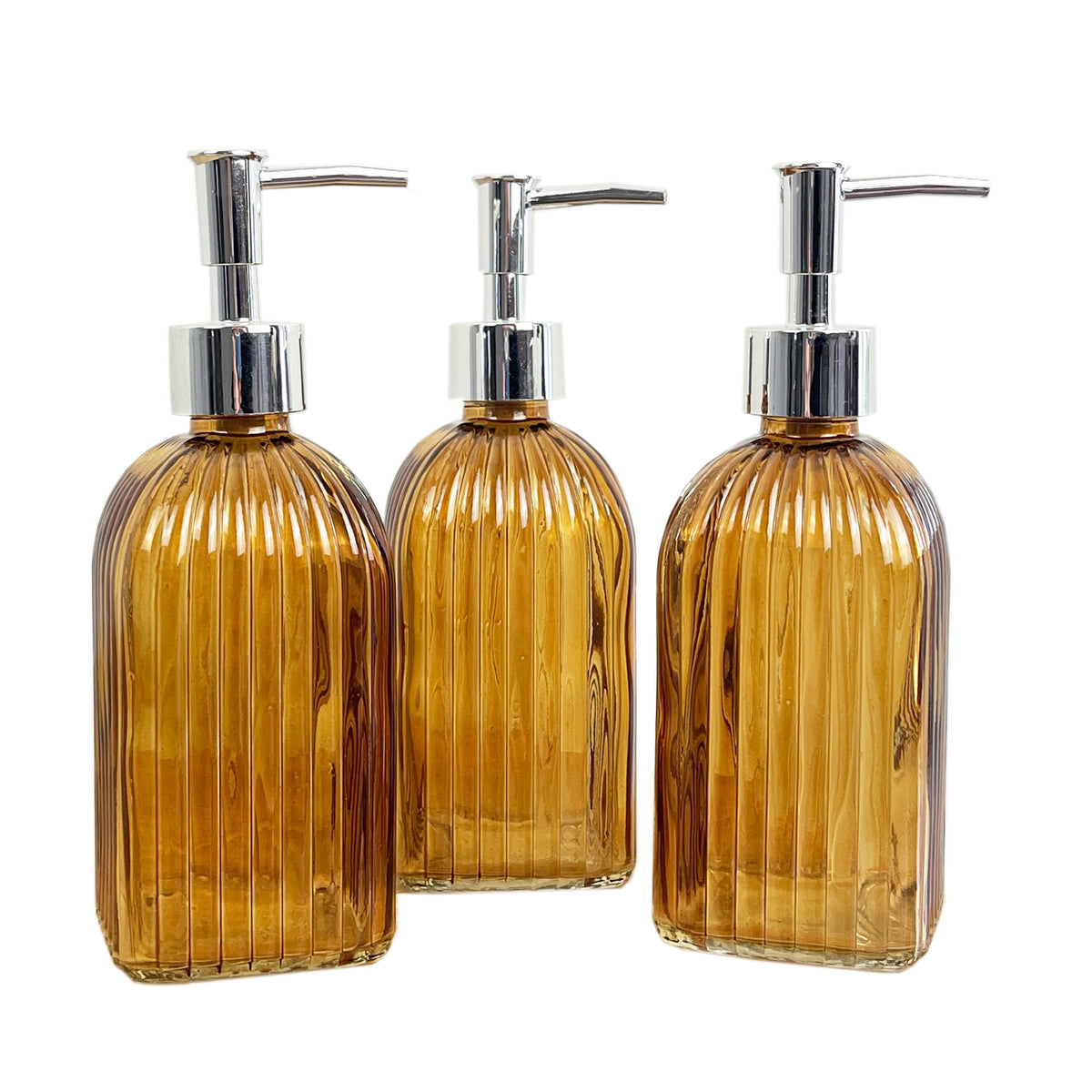 3 x 0.4 Litre Ribbed Glass Soap Dispenser with Pump - Amber