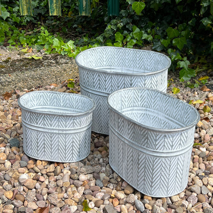 Set of 3 Oval Metal Planters - Chevron Pattern