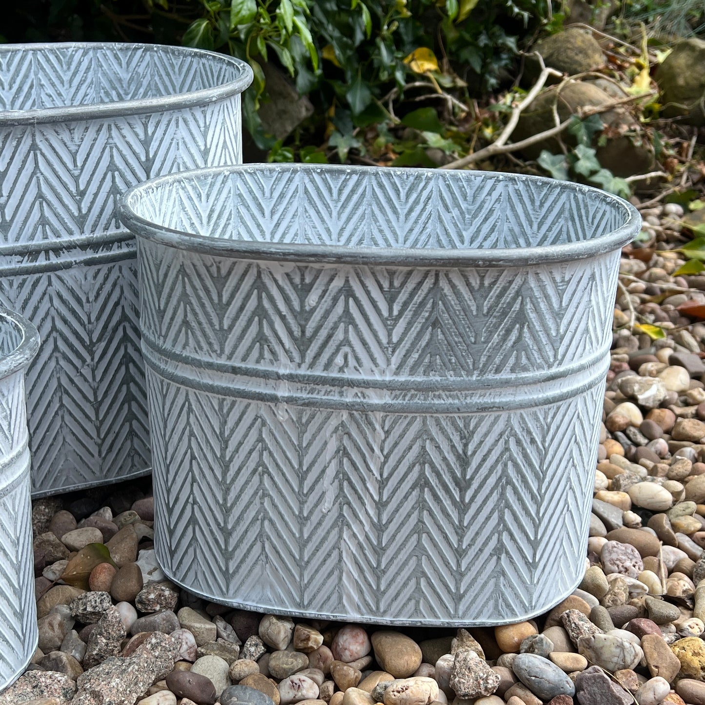 Set of 3 Oval Metal Planters - Chevron Pattern