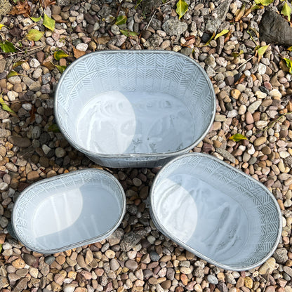 Set of 3 Oval Metal Planters - Chevron Pattern