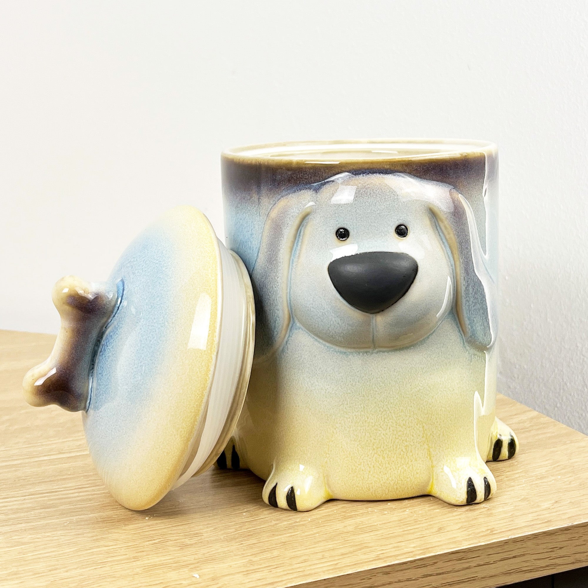 Dog Treat Jar Ceramic - Blue & Yellow