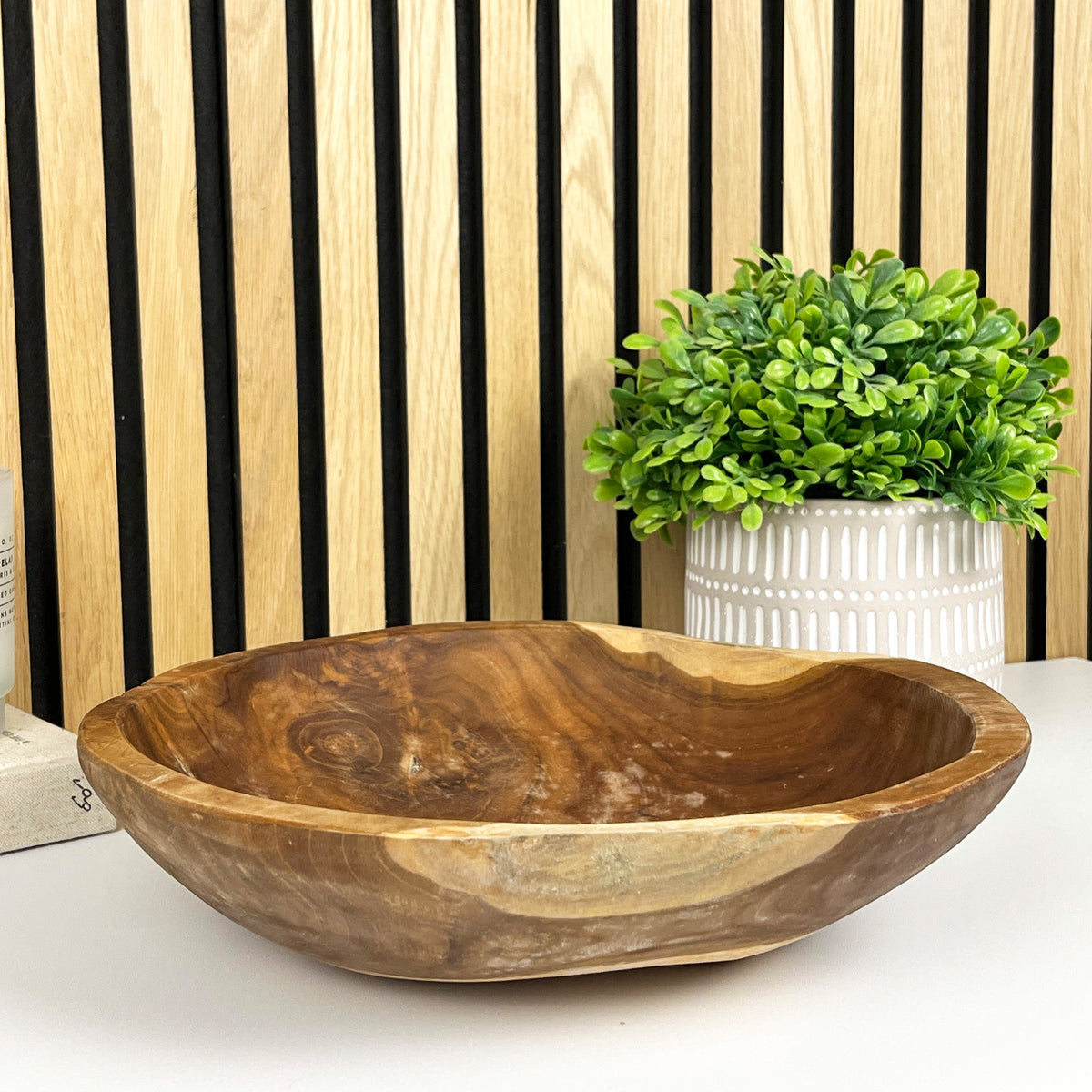 Hand Carved 30cm Round Decorative Bowl - Teak Wood