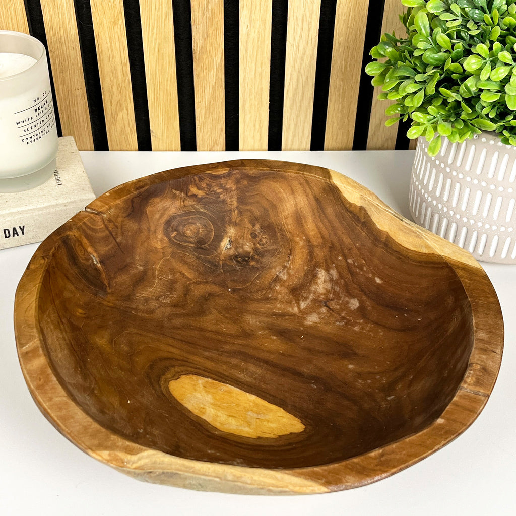Hand Carved 30cm Round Decorative Bowl - Teak Wood