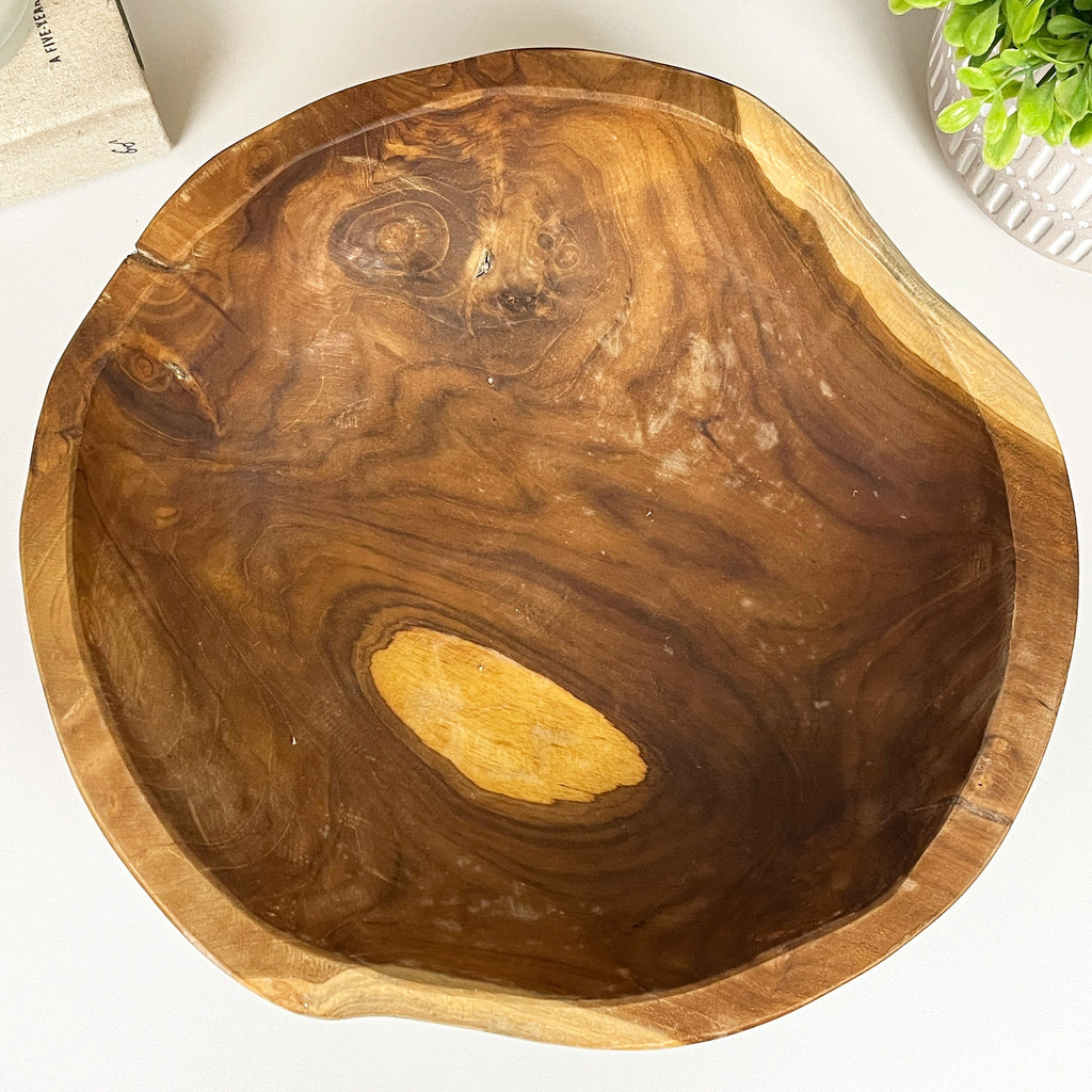 Hand Carved 30cm Round Decorative Bowl - Teak Wood