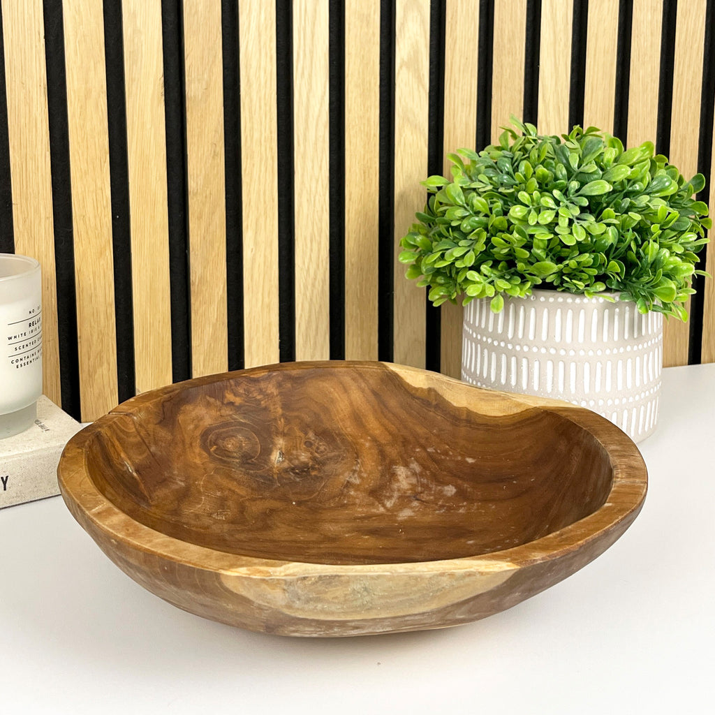 Hand Carved 30cm Round Decorative Bowl - Teak Wood