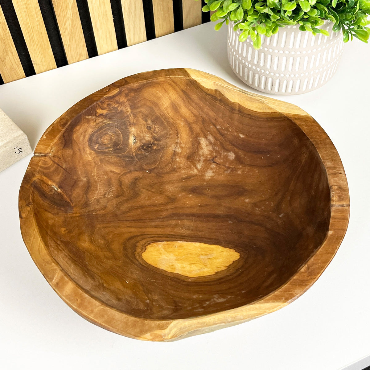 Hand Carved 30cm Round Decorative Bowl - Teak Wood