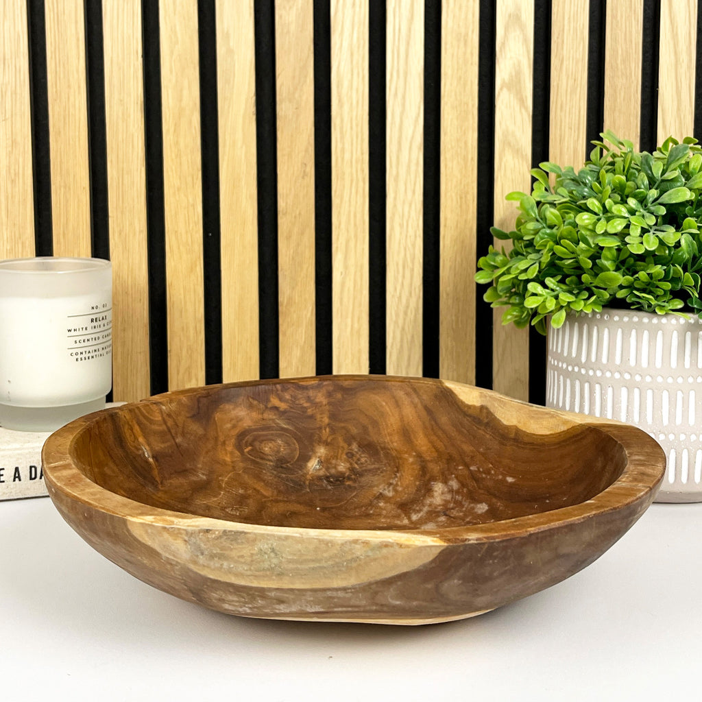 Hand Carved 30cm Round Decorative Bowl - Teak Wood