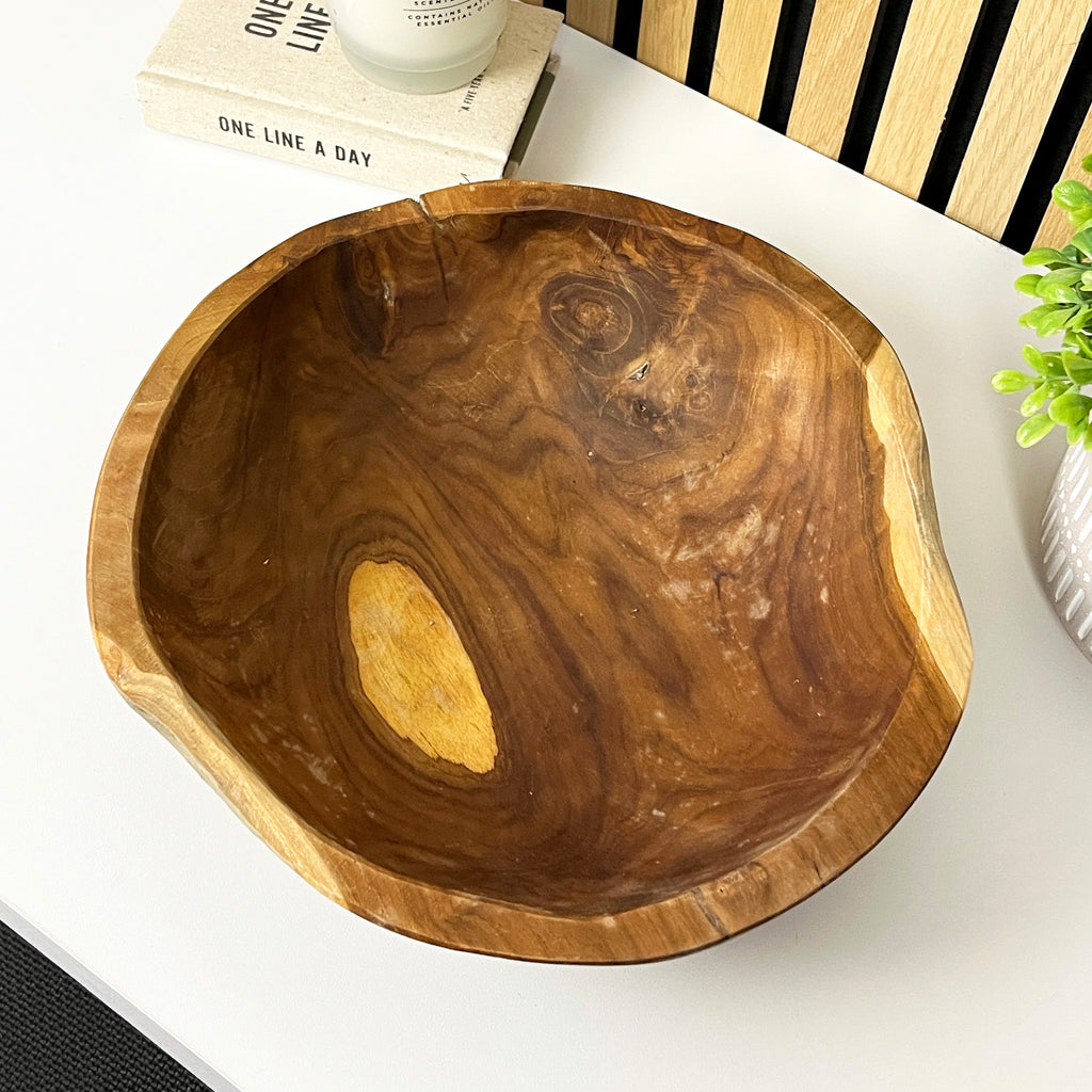 Hand Carved 30cm Round Decorative Bowl - Teak Wood