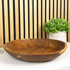 Hand Carved 39cm Large Round Decorative Bowl - Teak Wood