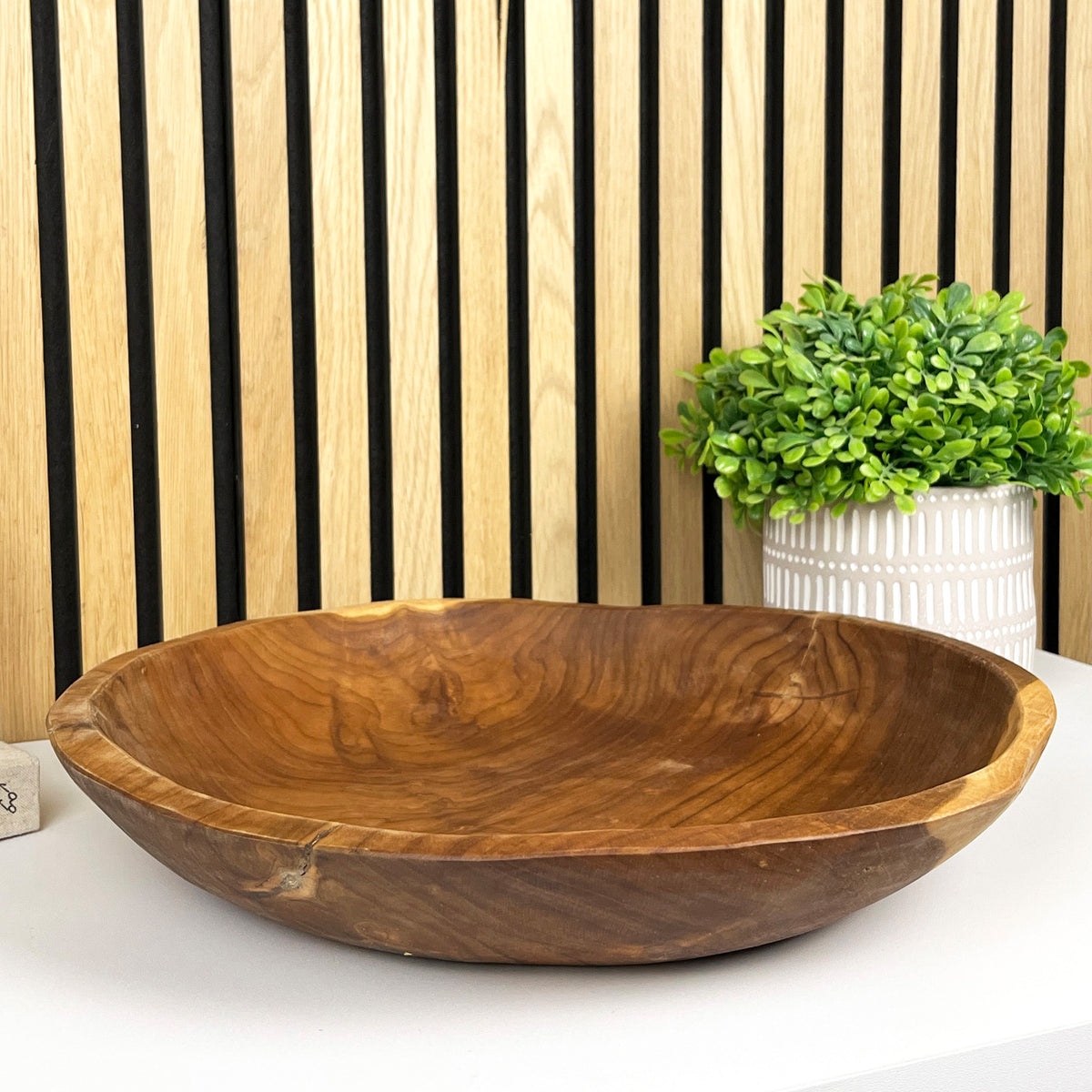 Hand Carved 39cm Large Round Decorative Bowl - Teak Wood