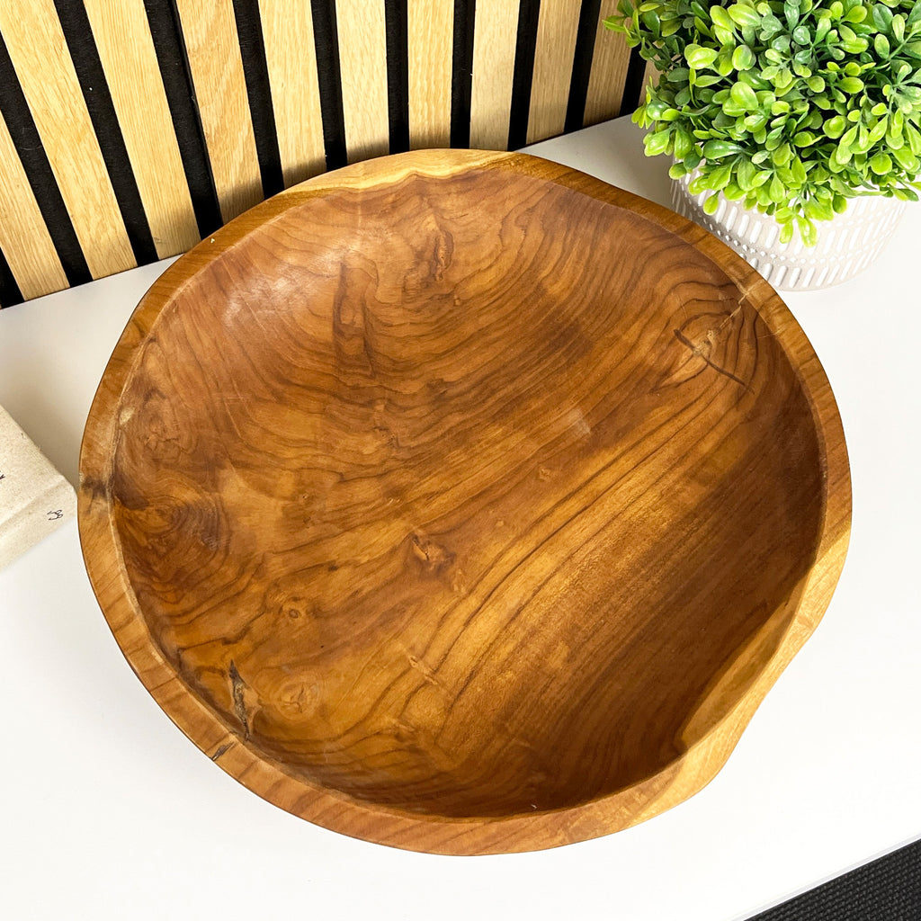 Hand Carved 39cm Large Round Decorative Bowl - Teak Wood