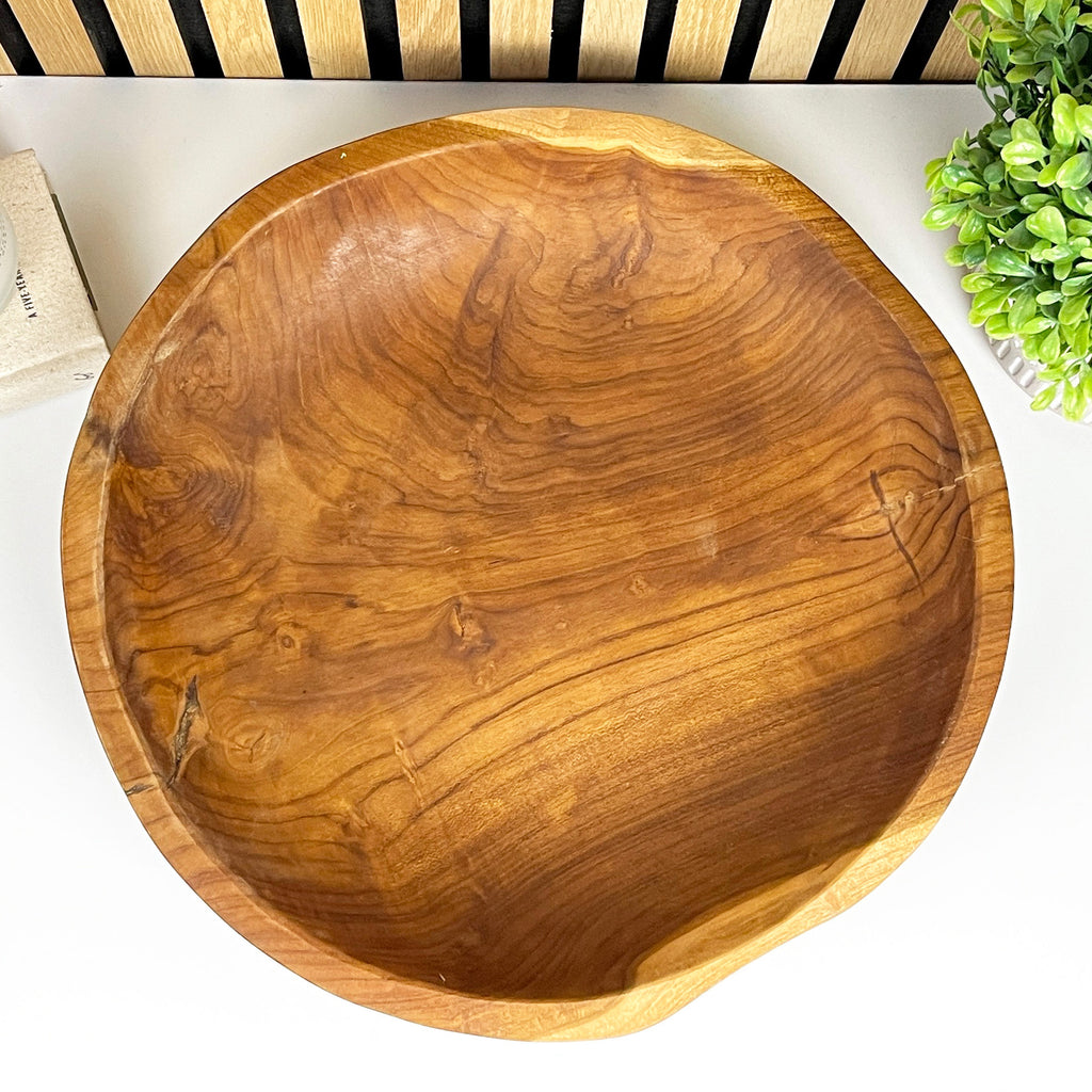 Hand Carved 39cm Large Round Decorative Bowl - Teak Wood