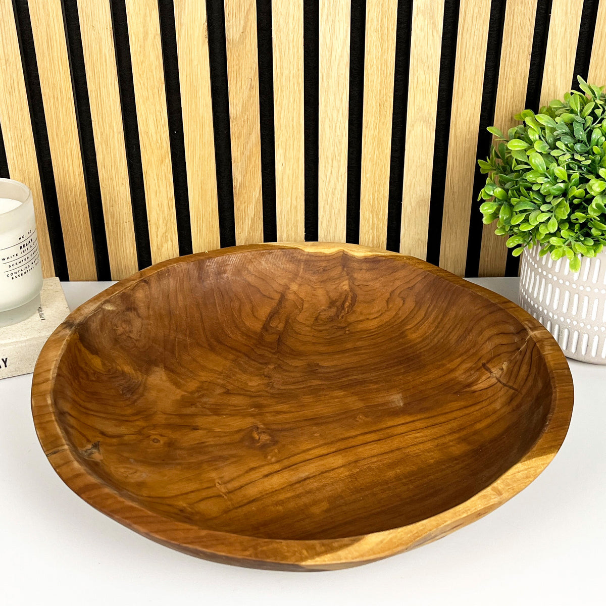 Hand Carved 39cm Large Round Decorative Bowl - Teak Wood