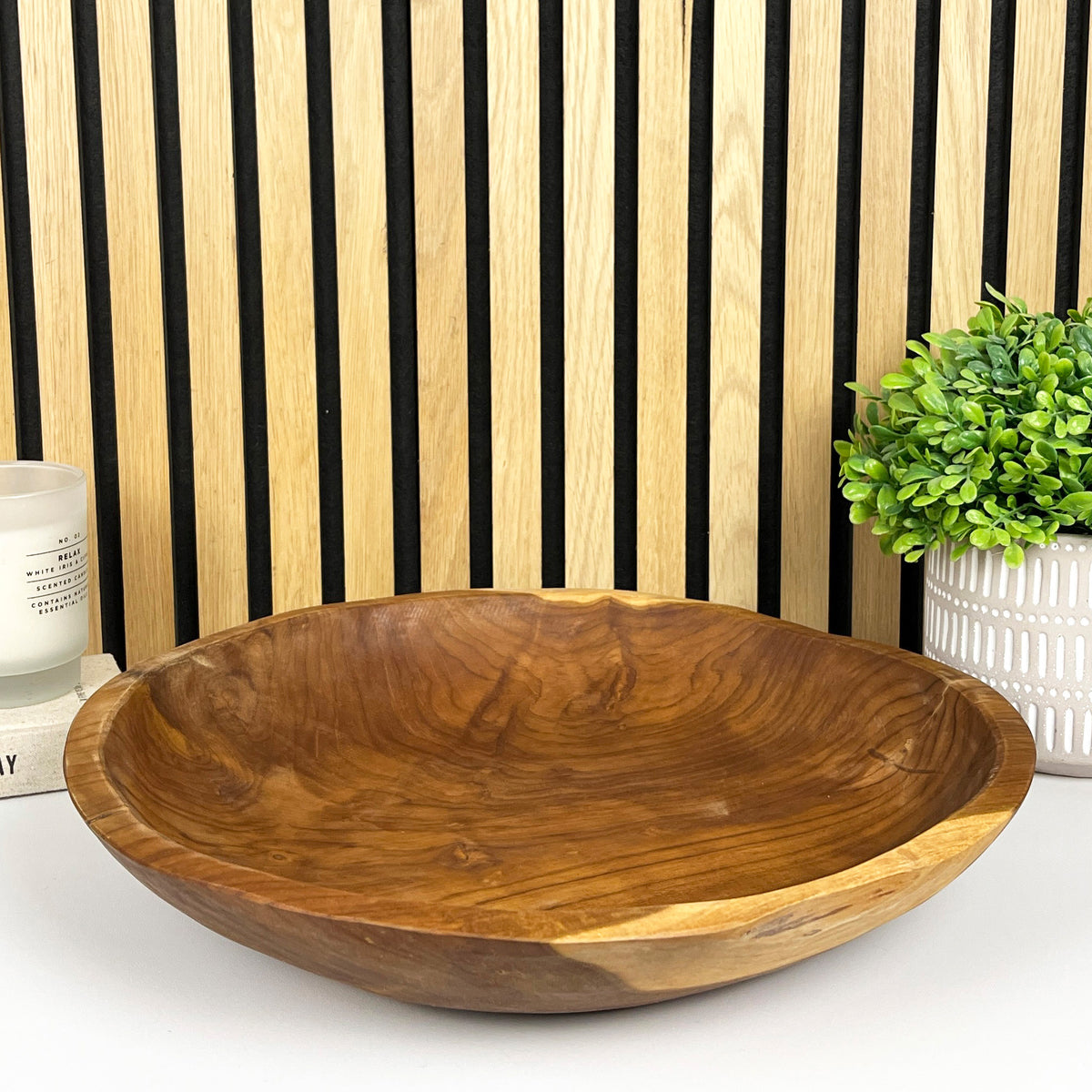 Hand Carved 39cm Large Round Decorative Bowl - Teak Wood