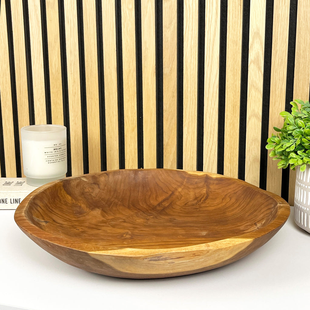 Hand Carved 39cm Large Round Decorative Bowl - Teak Wood