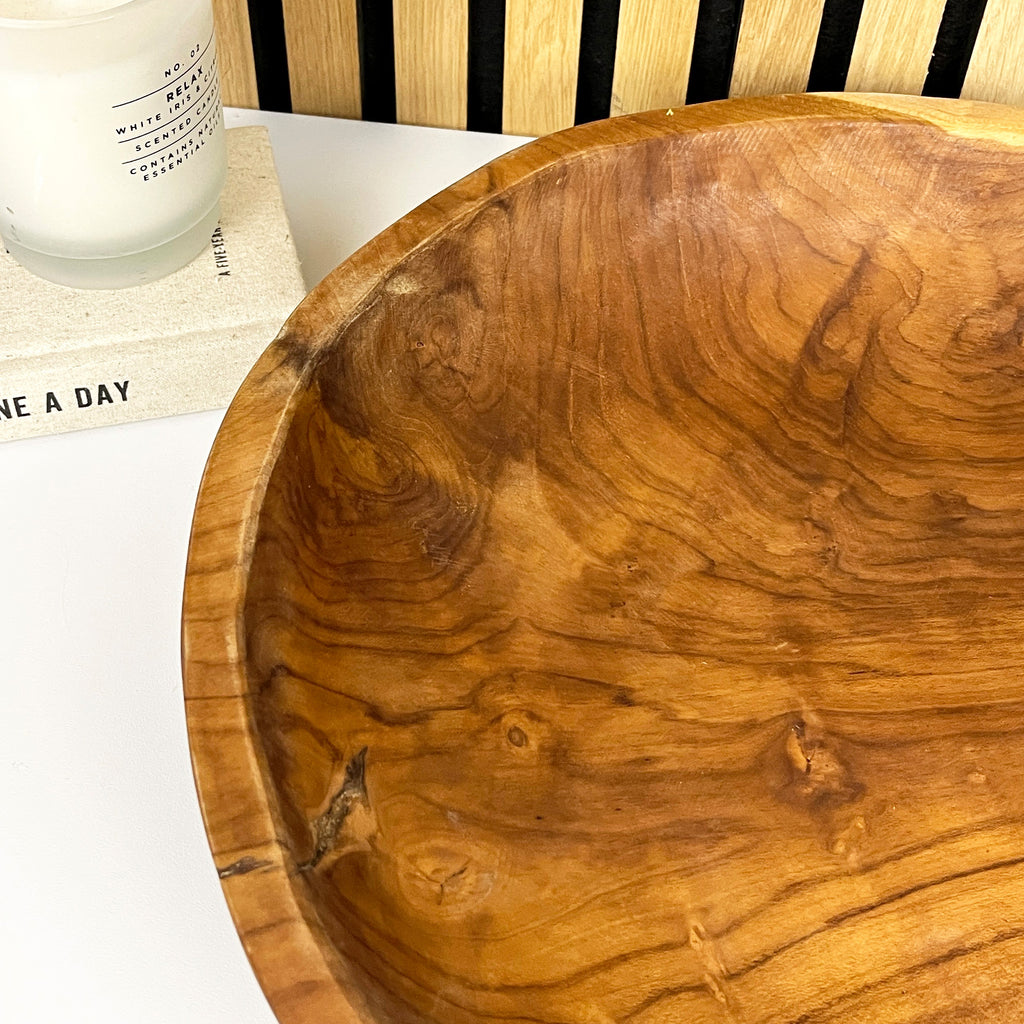 Hand Carved 39cm Large Round Decorative Bowl - Teak Wood