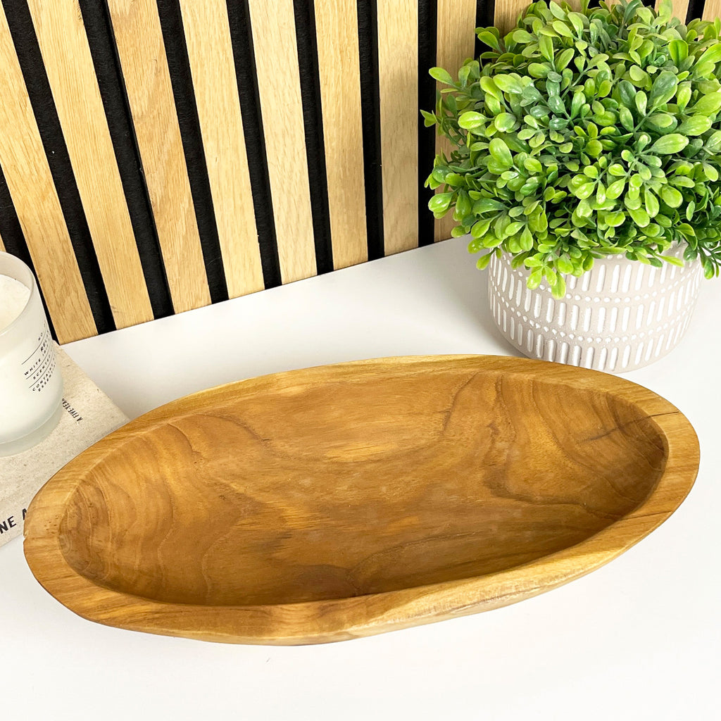 Hand Carved 37.5cm Long Decorative Bowl - Teak Wood