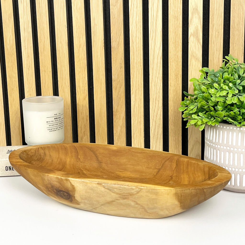 Hand Carved 37.5cm Long Decorative Bowl - Teak Wood
