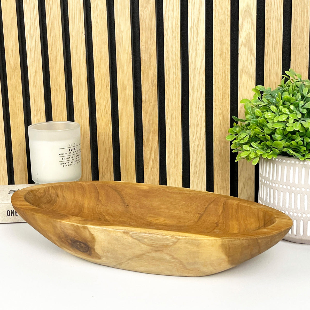 Hand Carved 37.5cm Long Decorative Bowl - Teak Wood