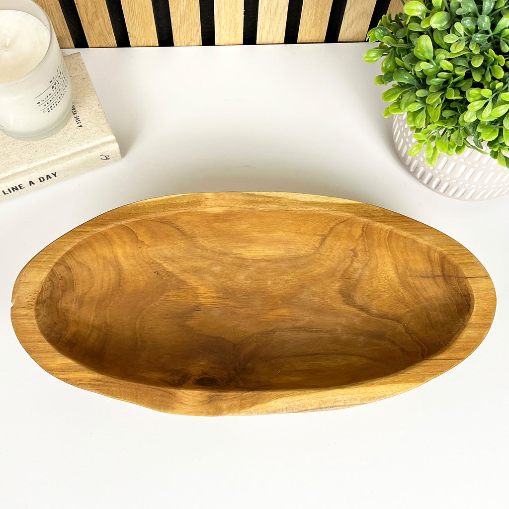 Hand Carved 37.5cm Long Decorative Bowl - Teak Wood