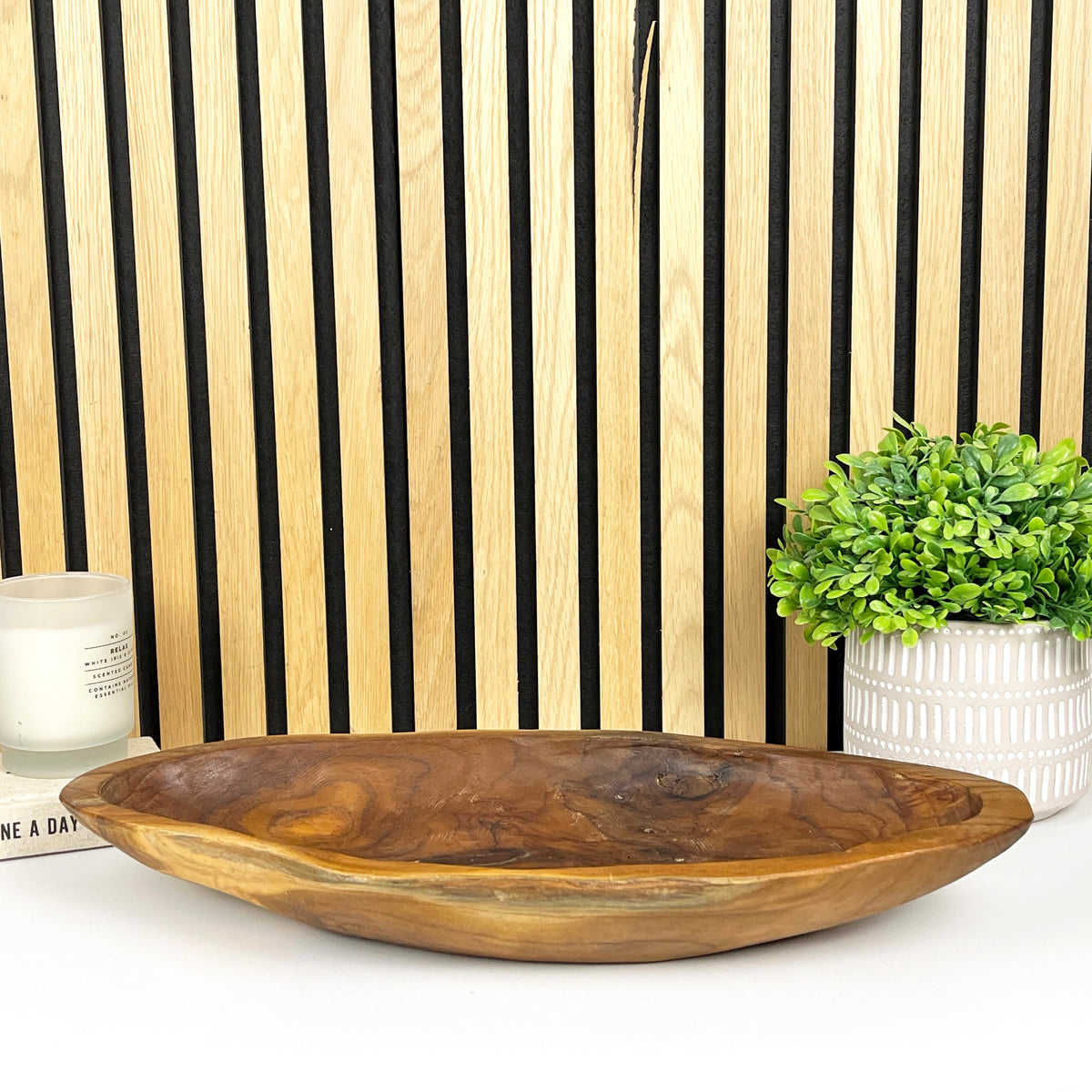 Hand Carved 46.5cm Large Long Decorative Bowl - Teak Wood