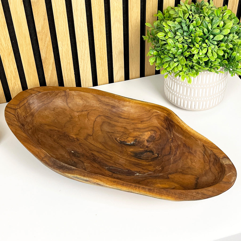 Hand Carved 46.5cm Large Long Decorative Bowl - Teak Wood