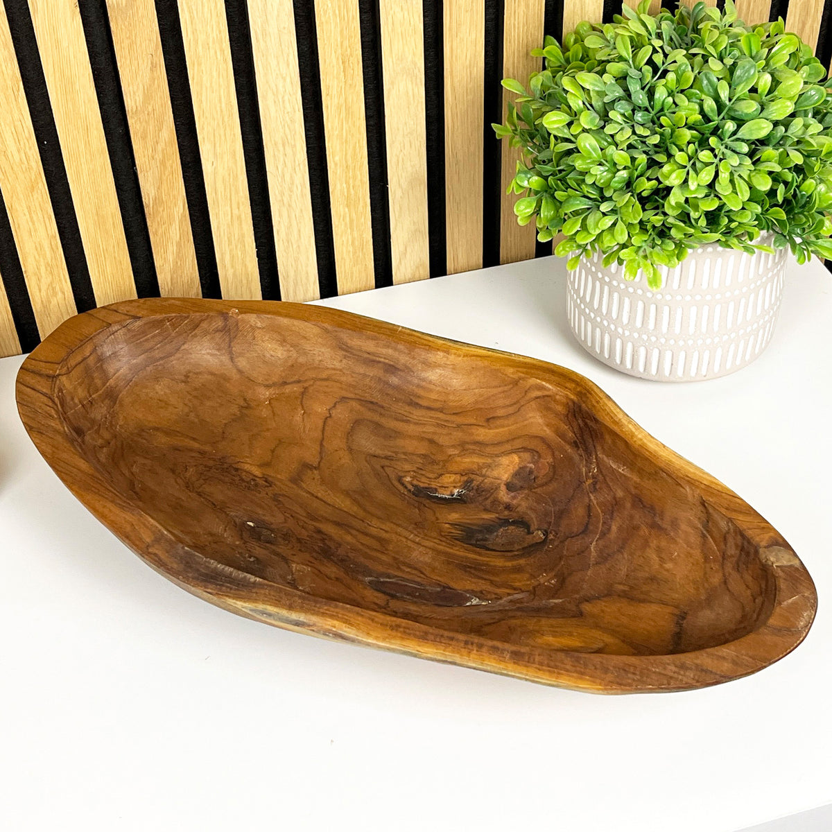 Hand Carved 46.5cm Large Long Decorative Bowl - Teak Wood