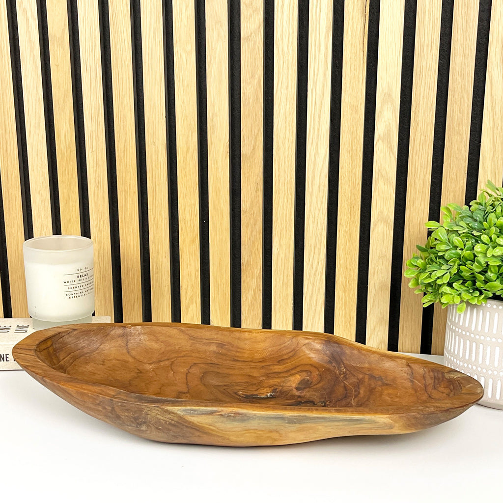 Hand Carved 46.5cm Large Long Decorative Bowl - Teak Wood
