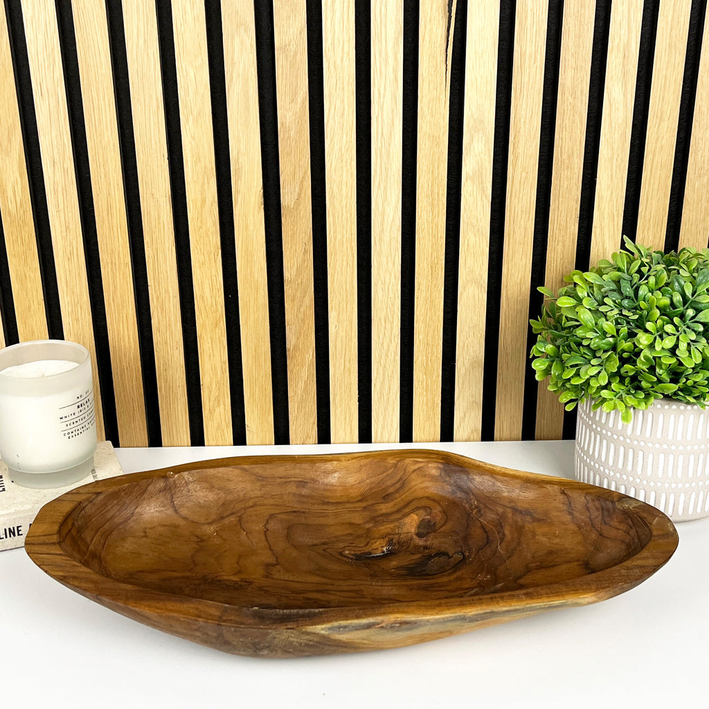 Hand Carved 46.5cm Large Long Decorative Bowl - Teak Wood