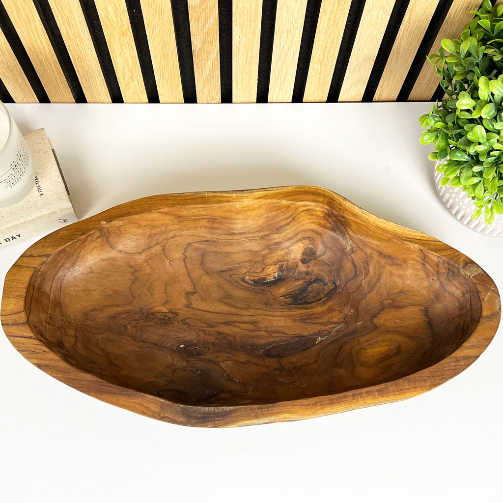 Hand Carved 46.5cm Large Long Decorative Bowl - Teak Wood
