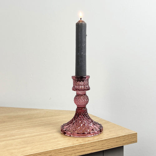 10.5cm Pressed Glass Candlestick Holder - Burgundy