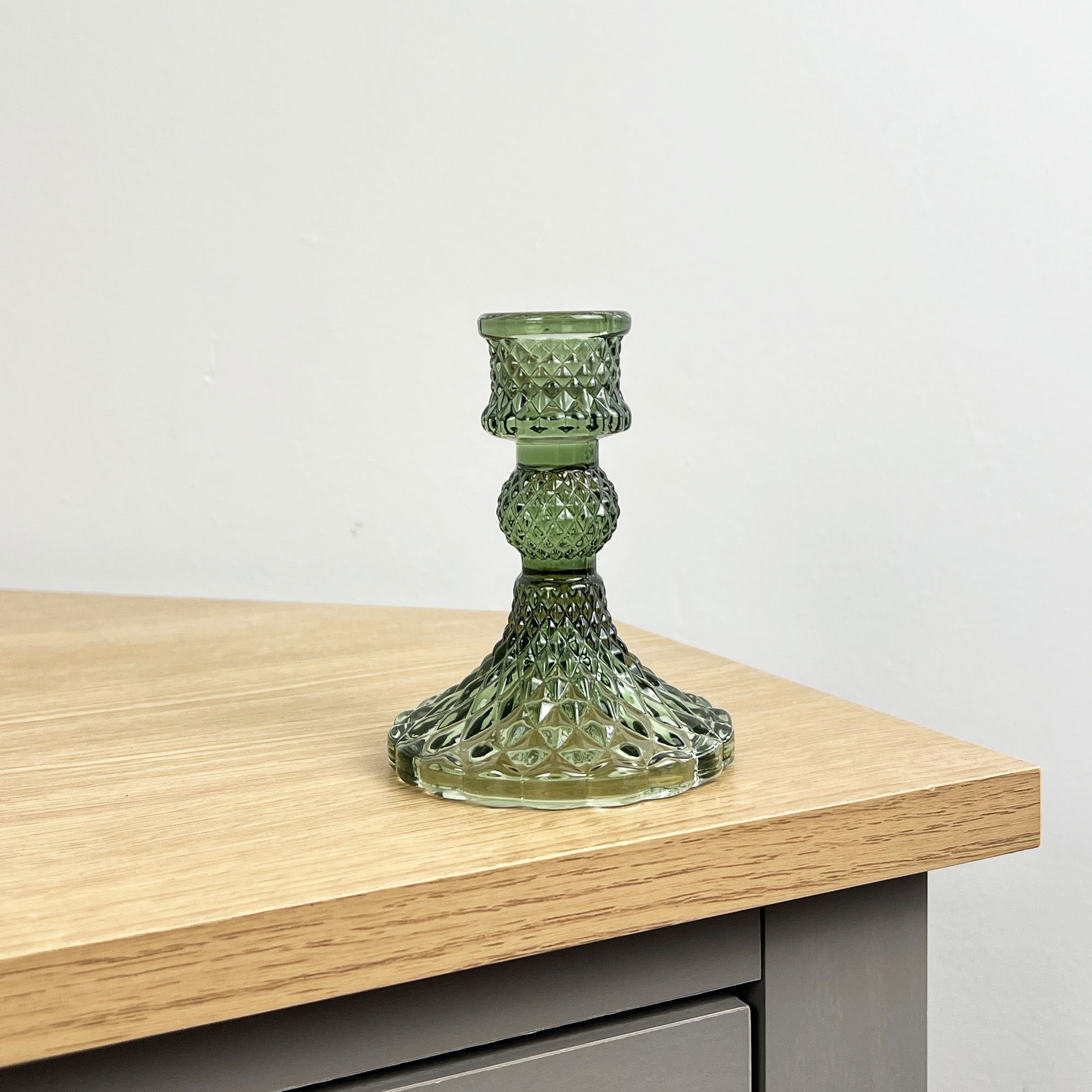10.5cm Pressed Glass Candlestick Holder - Fern Green