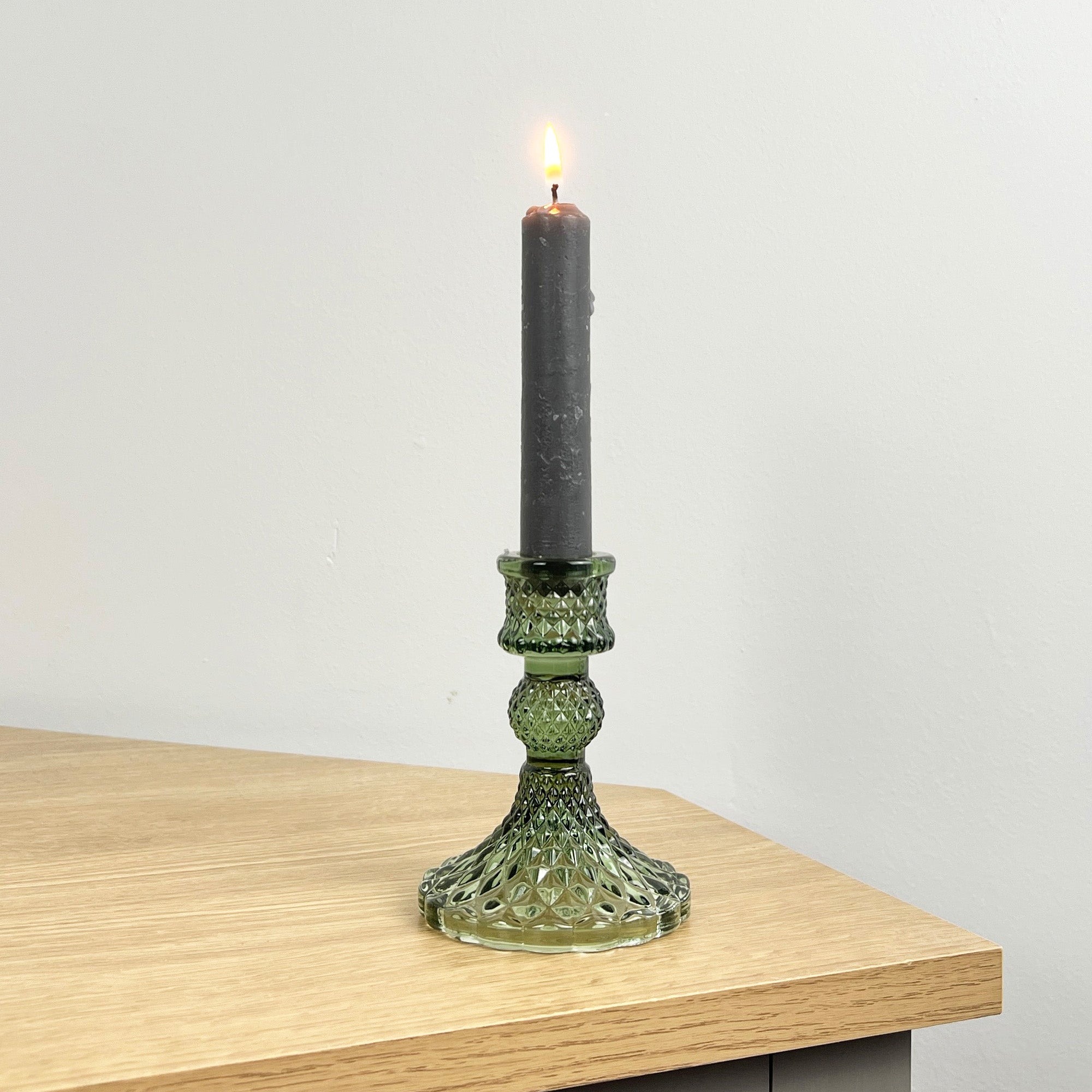 10.5cm Pressed Glass Candlestick Holder - Fern Green