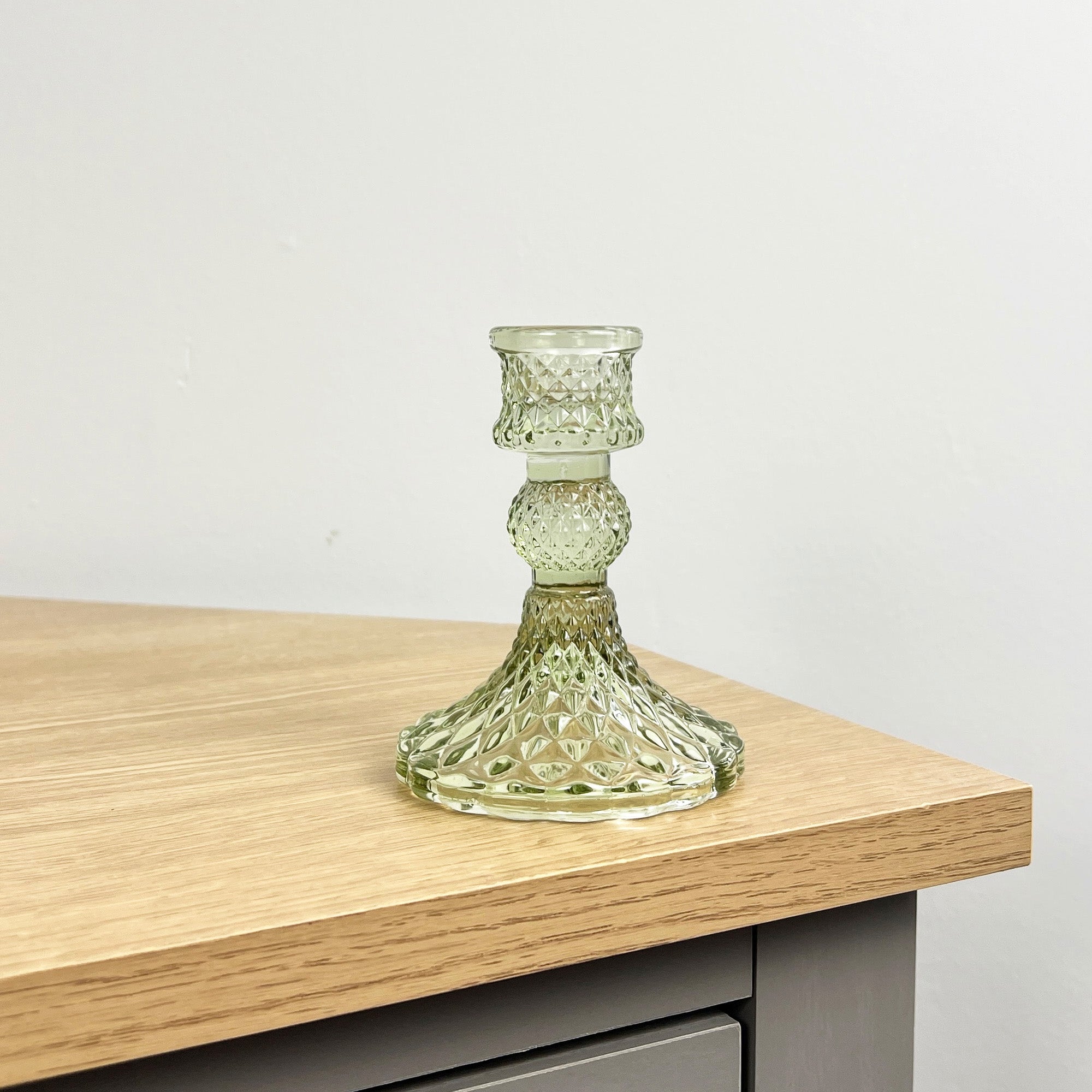 10.5cm Pressed Glass Candlestick Holder - Autumn Green