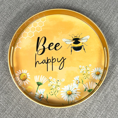 'Bee Happy' 33cm Round Tray with Handles - Plastic