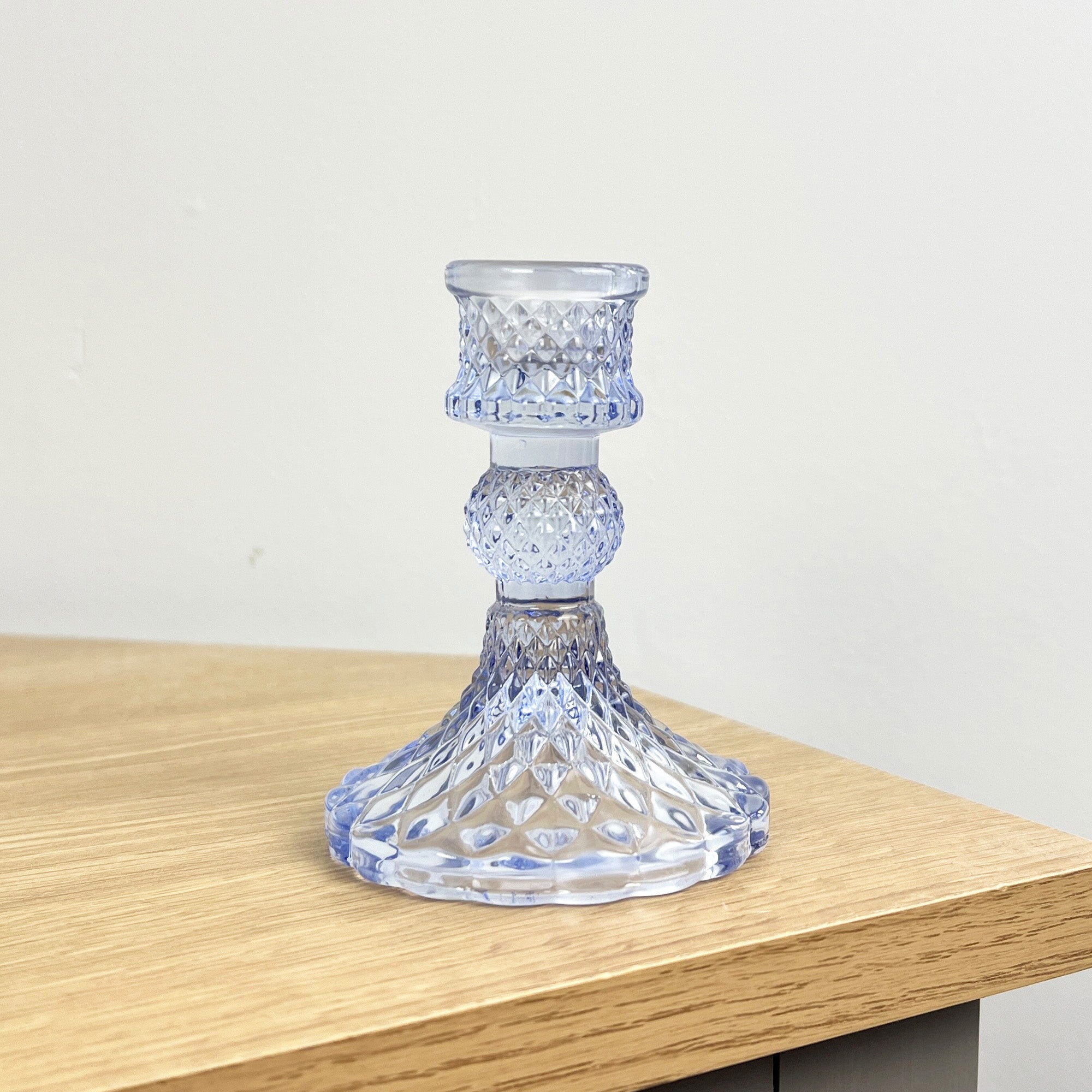 10.5cm Pressed Glass Candlestick Holder - Pale Blue