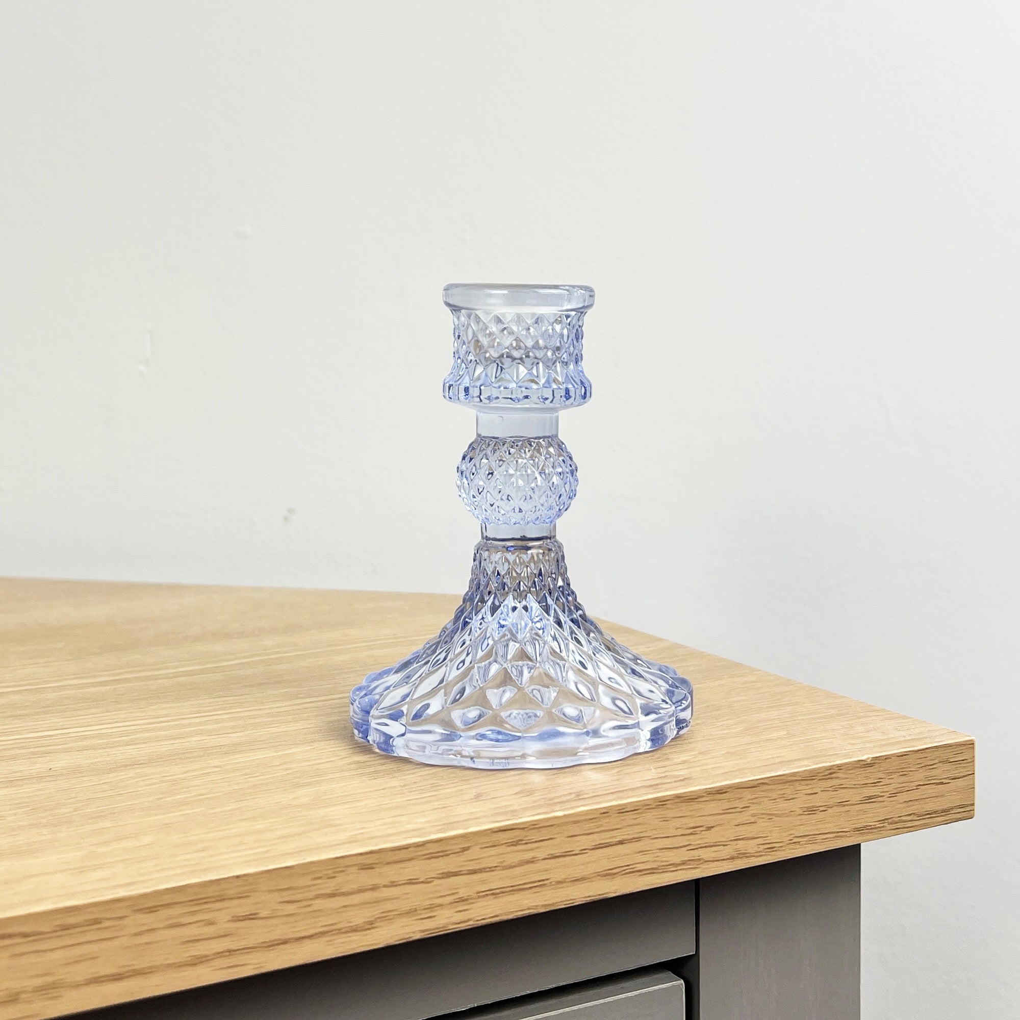 10.5cm Pressed Glass Candlestick Holder - Pale Blue