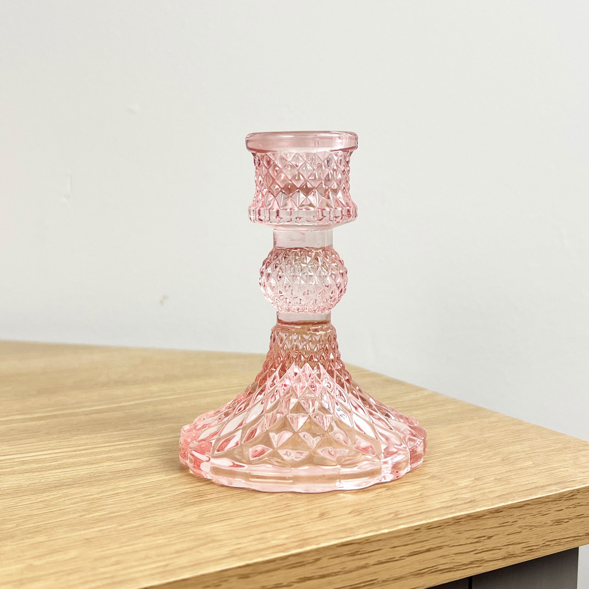 10.5cm Pressed Glass Candlestick Holder - Pale Pink