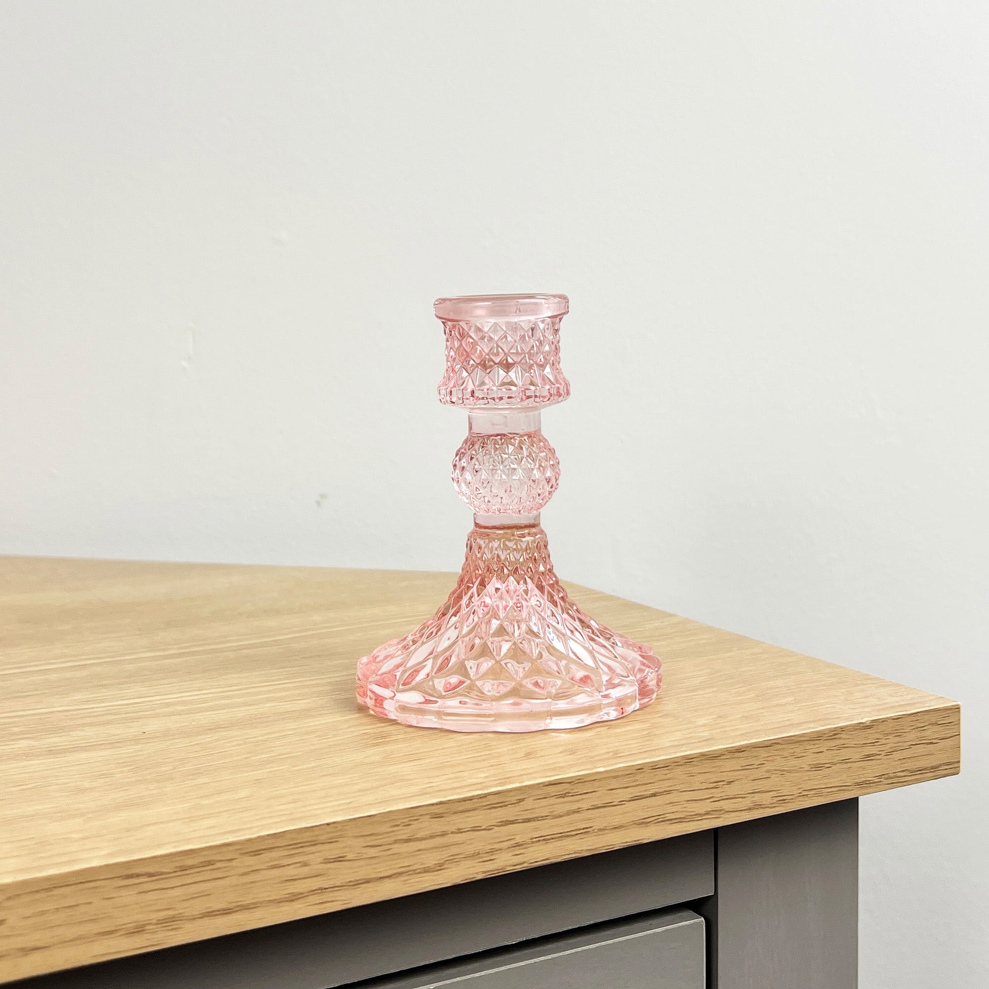 10.5cm Pressed Glass Candlestick Holder - Pale Pink