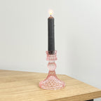 10.5cm Pressed Glass Candlestick Holder - Pale Pink