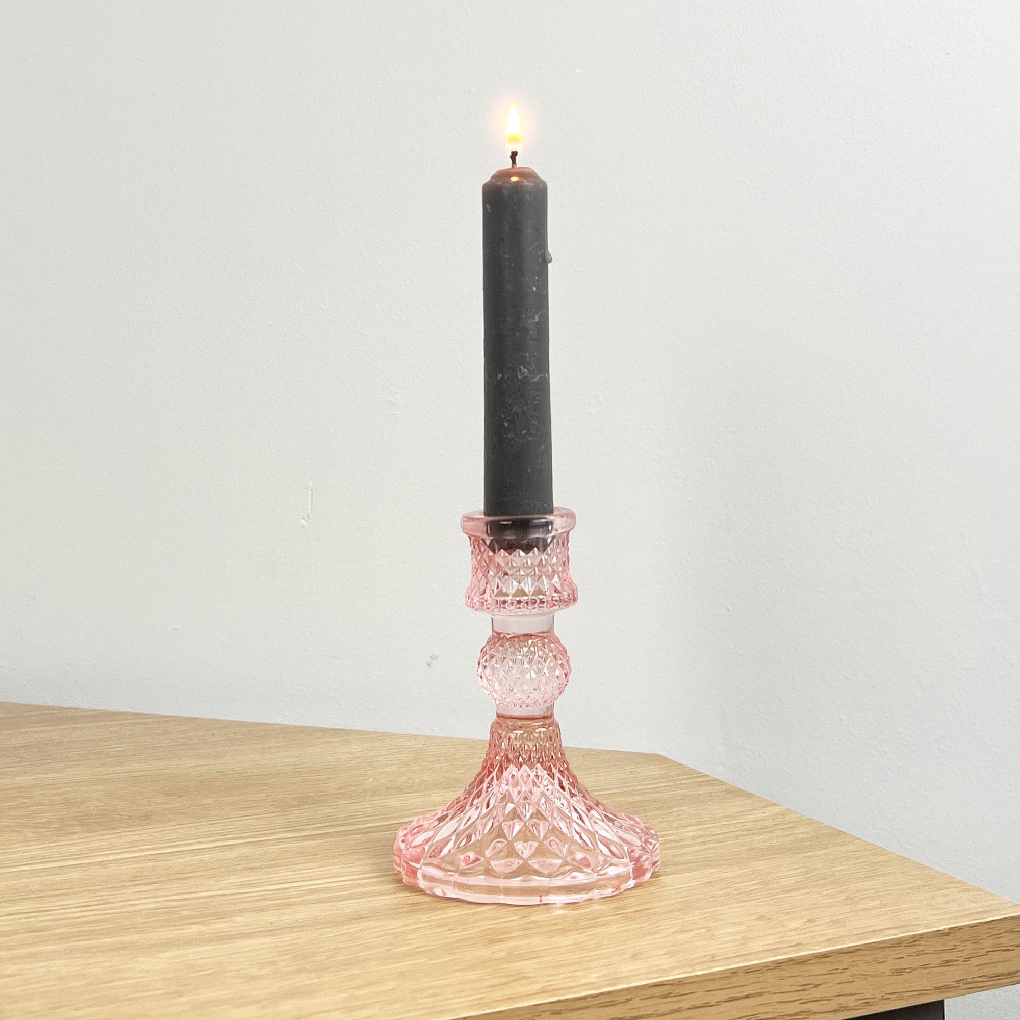 10.5cm Pressed Glass Candlestick Holder - Pale Pink