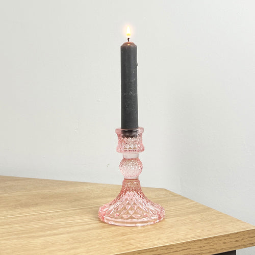 10.5cm Pressed Glass Candlestick Holder - Pale Pink