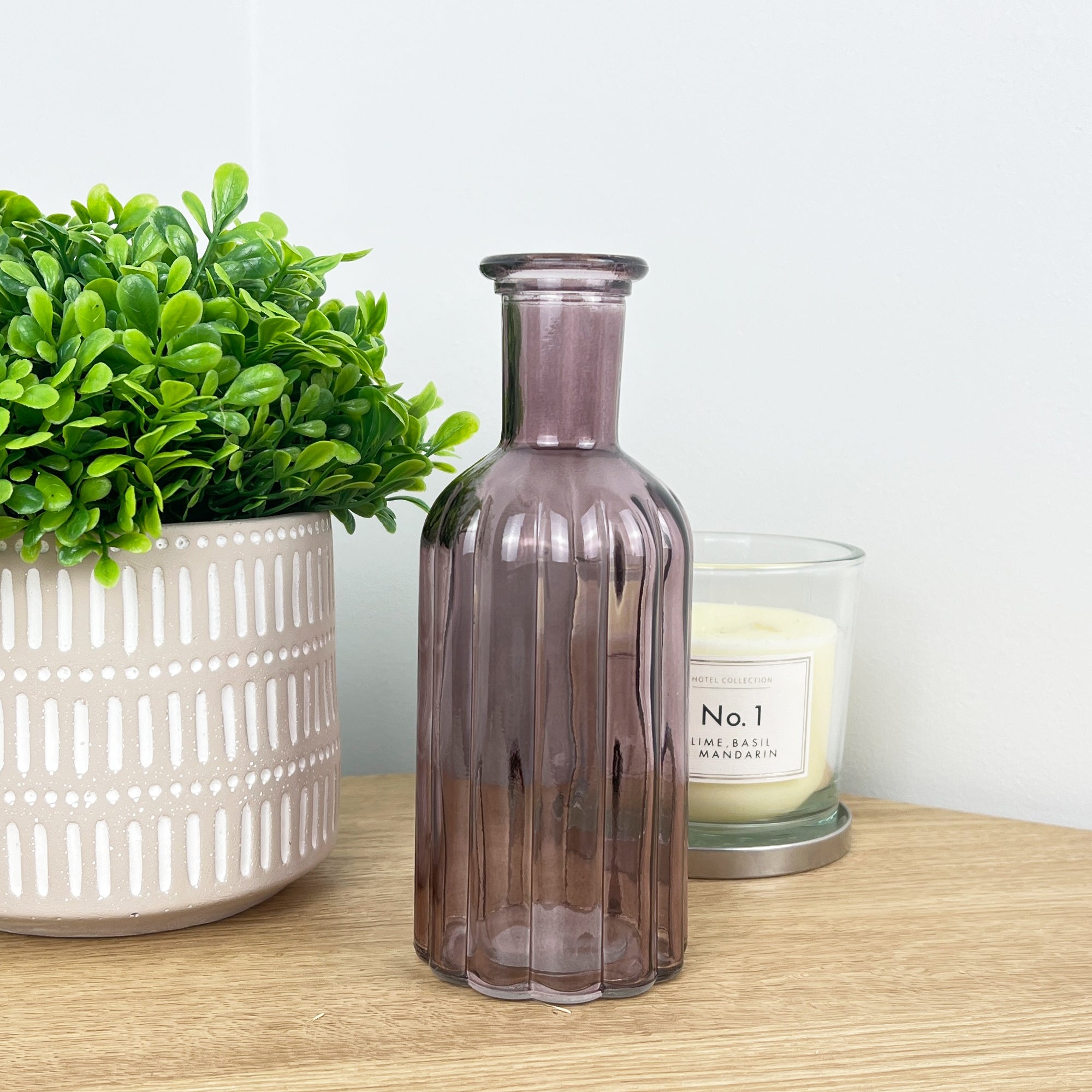 19cm Violet Ribbed Glass Bottle Vase
