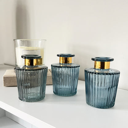 Set of 3 Ribbed Glass Bud Vases - Blue