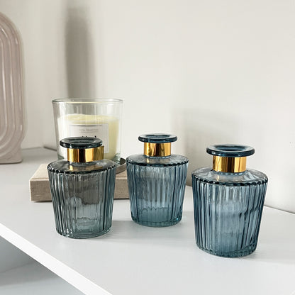 Set of 3 Ribbed Glass Bud Vases - Blue