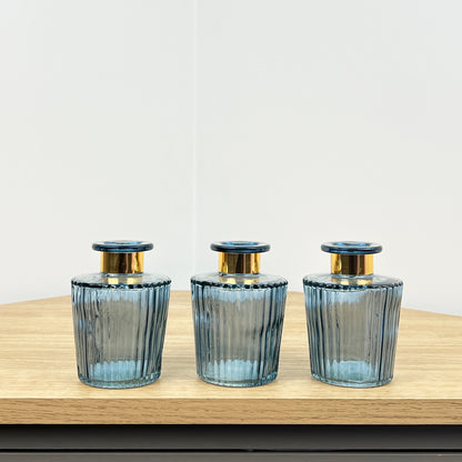 Set of 3 Ribbed Glass Bud Vases - Blue