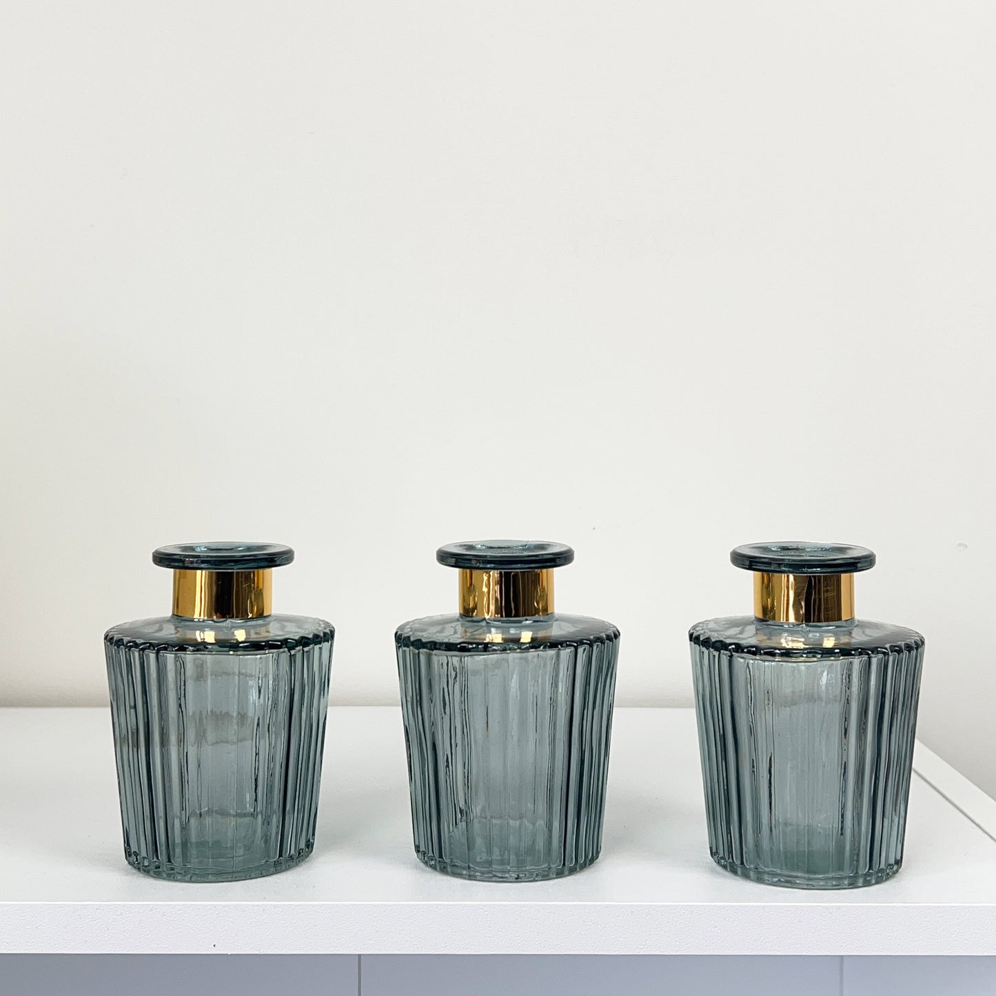 Set of 3 Ribbed Glass Bud Vases - Pale Blue / Grey