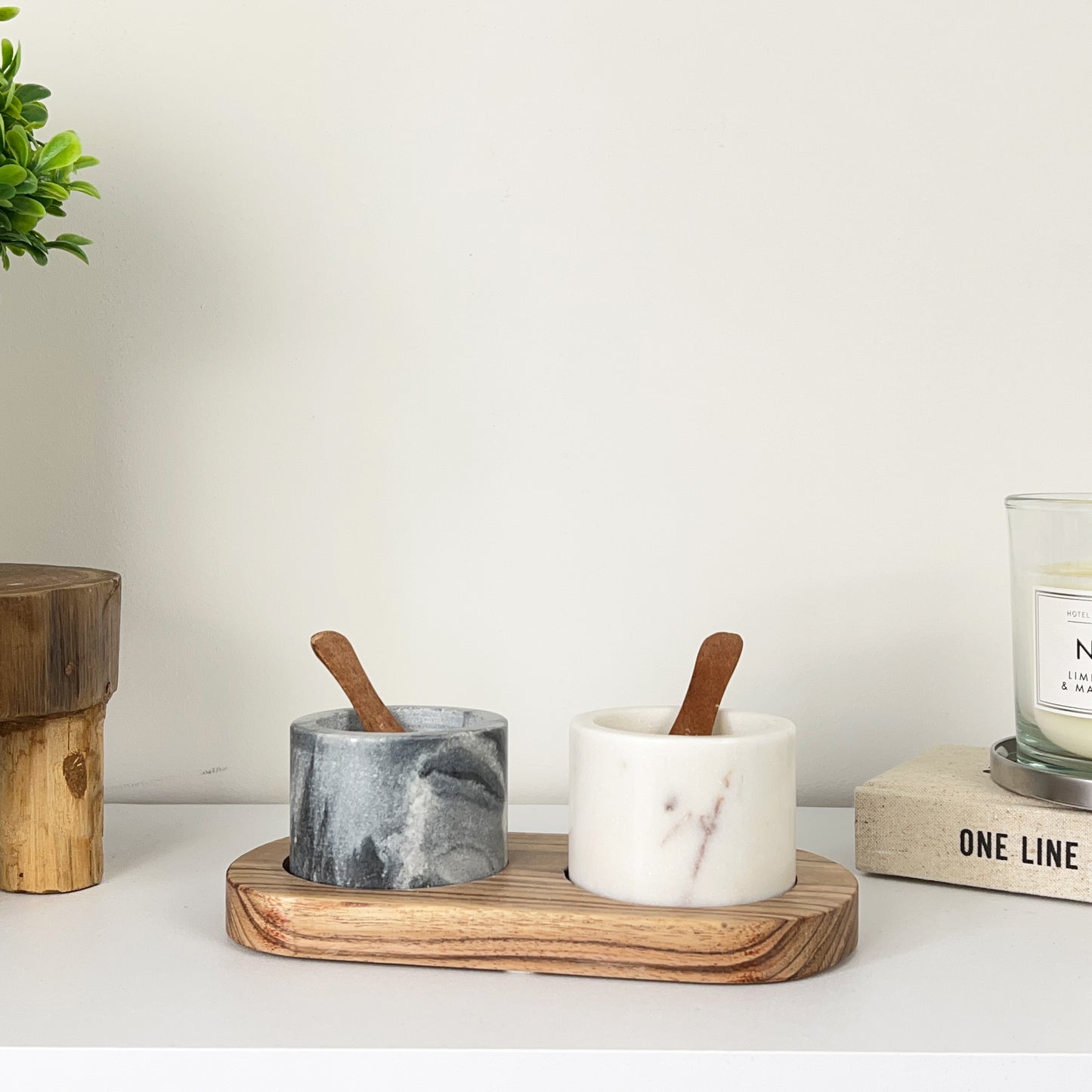 Marble Salt and Pepper Pinch Pots with Spoons and Base