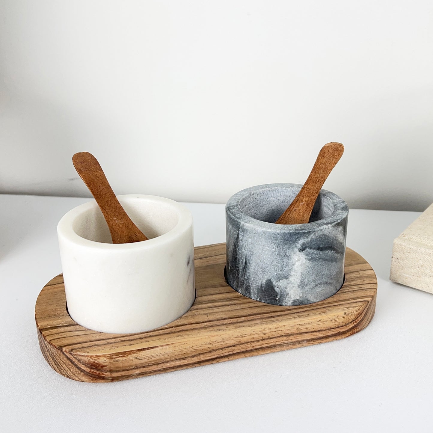 Marble Salt and Pepper Pinch Pots with Spoons and Base