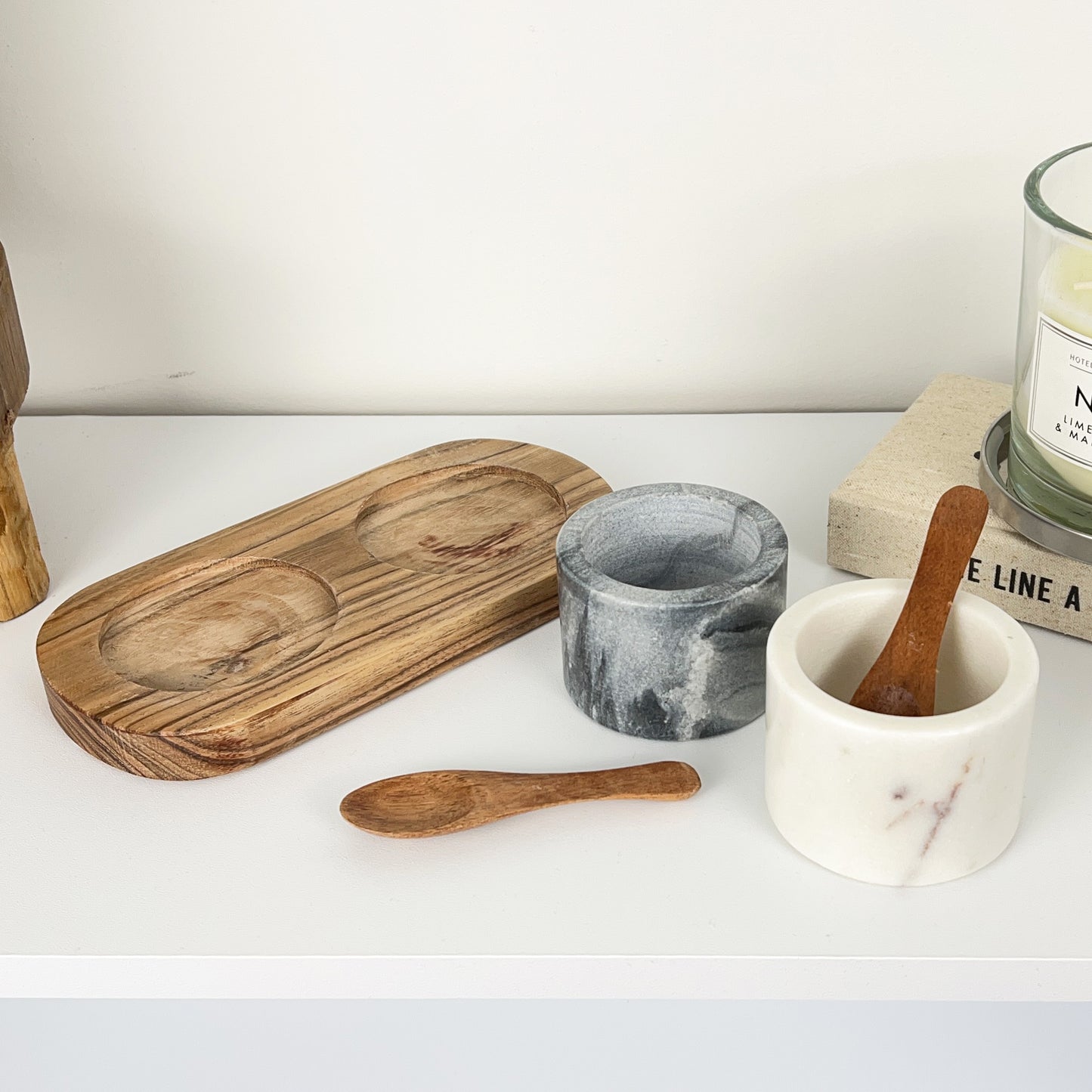 Marble Salt and Pepper Pinch Pots with Spoons and Base